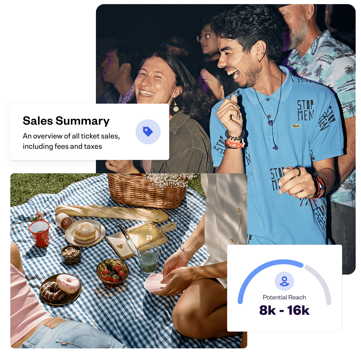 Two event pictures overlap on top of each other, and there are some UI elements of Eventbrite showing the Sales Summary and the potential reach of an Eventbrite Ads