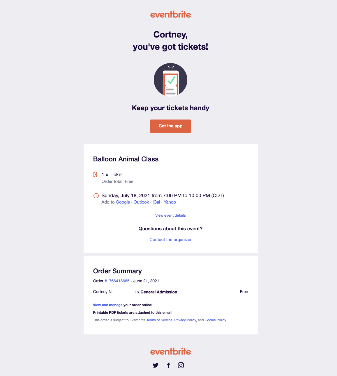 Example of an Eventbrite confirmation email