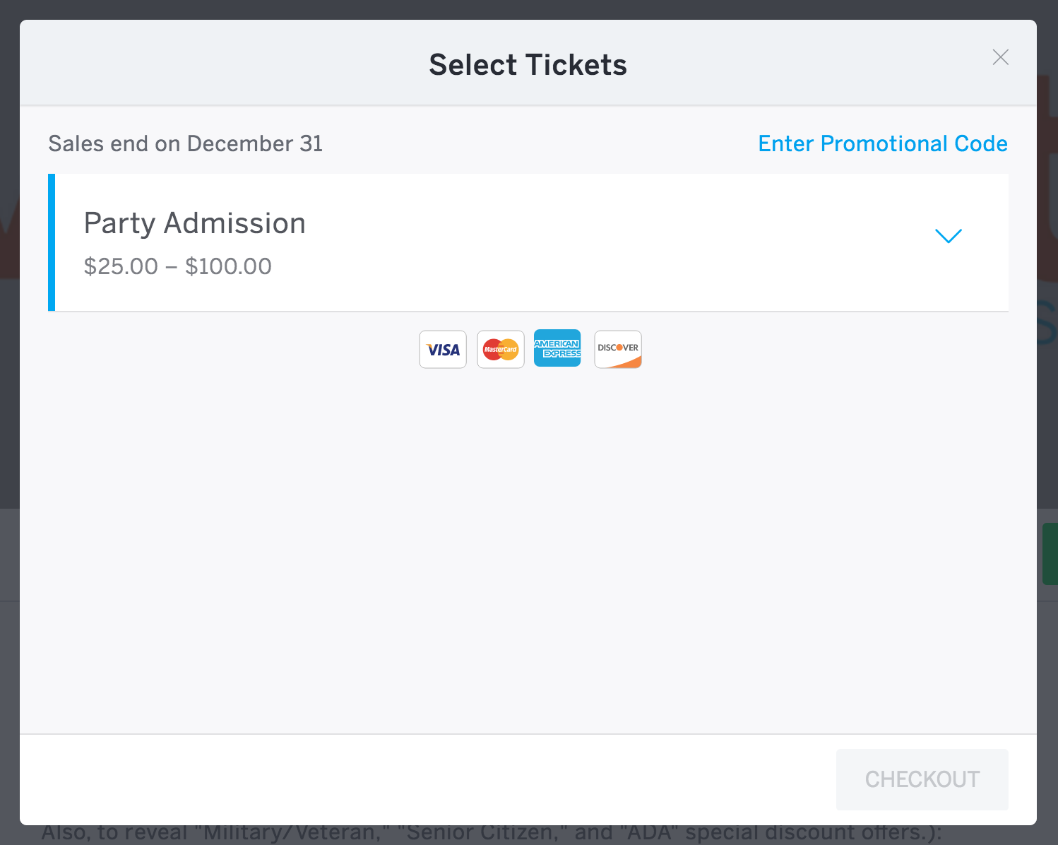 The Enter Promotional Code Link Appears In Top Right Of Select Tickets Window